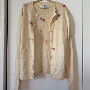 Ballantyne Cream Embroidered Floral Cardigan & Short Sleeve Sweater Set Silk XS
